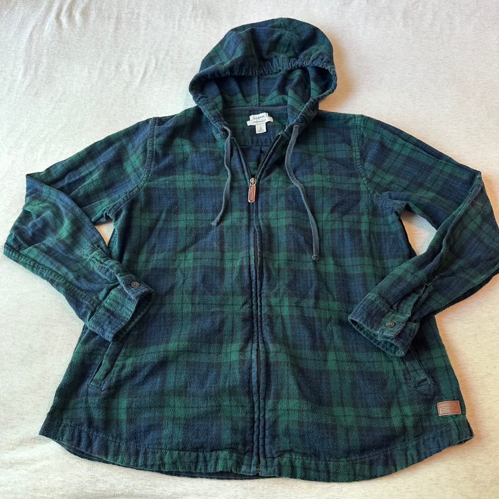 LL Bean Relaxed Fit Full Zip Plaid Hoodie Green Navy Blue Black Watch Tartan L